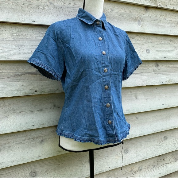 True Vintage 70s Blue Cotton Denim Ruffled Trim Button Down Short Sleeve Blouse - Picture 2 of 16